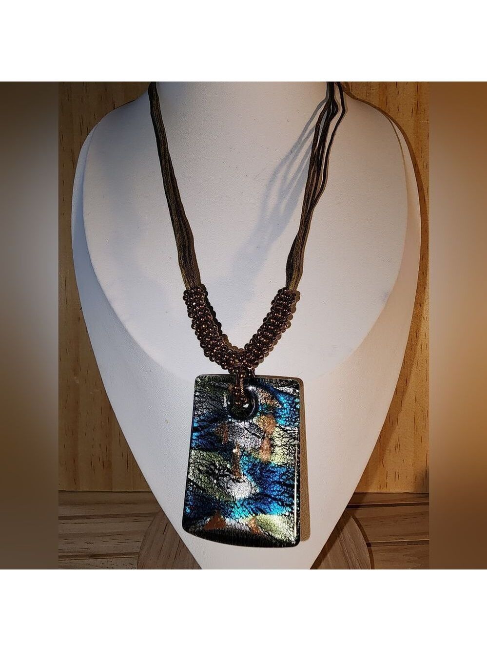 MURANO Multicolor Silver, Green, Gold Marano Glass Square Pendant Necklace NWOT